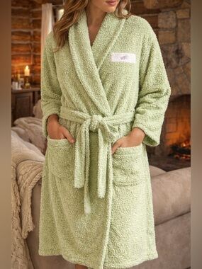 Vintage High Sierra Green Plush Sherpa Robe Medium Cozy Belted Spa Cottagecore
